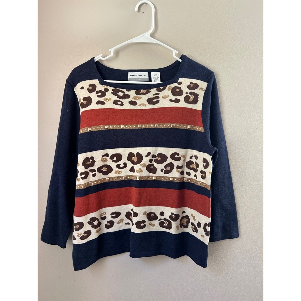 Alfred Dunner Petite PXL Navy Blue Leopard Stripe Sweater Grandmacore Fall